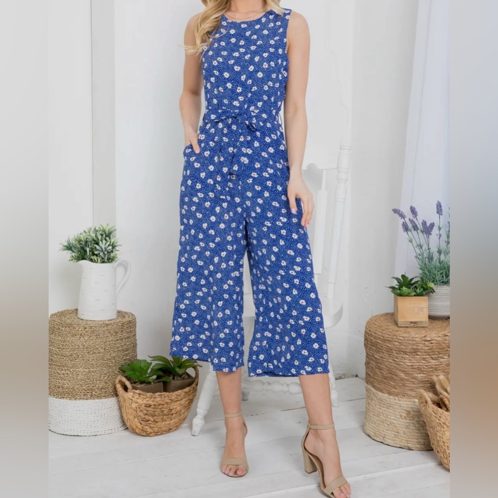 Sleeveless Blue Floral Tie-Waist Jumpsuit